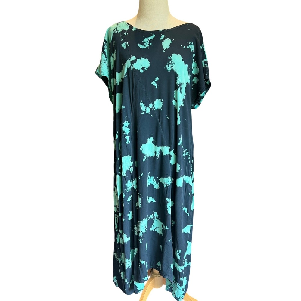 Cynthia Ashby Tie Dye Midi Dress Medium Navy Aqua Pockets Boho Cruise Casual